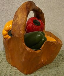 Hand Carved Burled Wood Basket With Handle & Faux Peppers