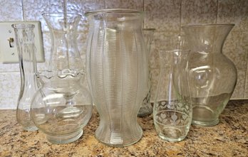 Collection Of 9 Glass Flower Vases Incl Footed, Stem Vases, Etched & More