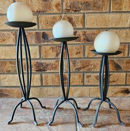 3 Matching Candle Stand With Metal Footed Base & White Sphere Candles