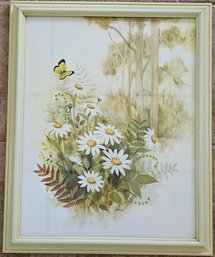 Daisy & Butterfly Art Print In White Frame