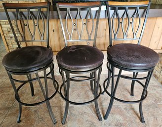 3 Bar Stools With Brushed Dark Bronze Metal Base & Brown Suede Seats