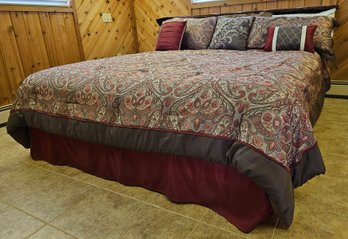California King Bed With BeautyRest Mattress & Wooden Bookshelf Style Headboard With Brown Paisley Bedding