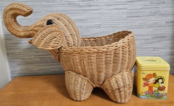 Adorable Elephant Wicker Basket & Rainy Day Hallmark Tin