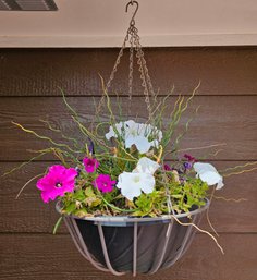 Pink, Purple & White Flowers In Metal Hanging Basket, 1 Of 2