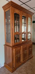 China Hutch With Glass Panel Doors, Lighted Interior & Floral Hand Carved