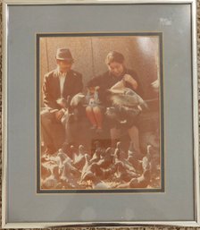 Adorable Print Of Family Feeding Pigeons In A Silver-tone Frame