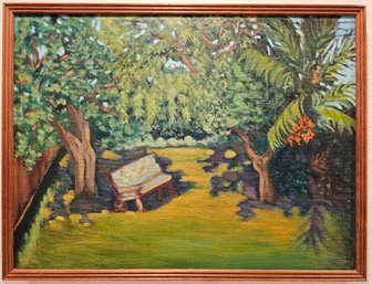 Hand Painted Garden Scene On Canvas In Wooden Frame