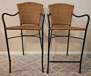 2 Rattan Style High Top Chairs With Black Metal Base