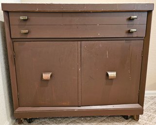 Wooden Serving Cart With Tile Inlay Top On Casters