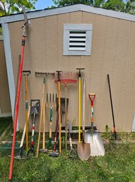 Large Lot Of Yard Tools Incl Shovels, Rakes, Sledge Hammer, Tree Trimmer & More