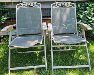 2 Tan Reclining Yard Chairs With Canvas Seats & Metal Base