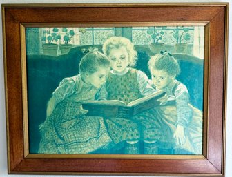 Sisters Reading Framed Art In Wooden Frame