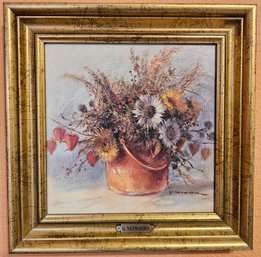 Floral Basket Art Print In Gold-tone Frame Signed By Artist