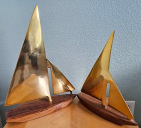 2 Gold-tone Metal Sailboat Statues With Wooden Base