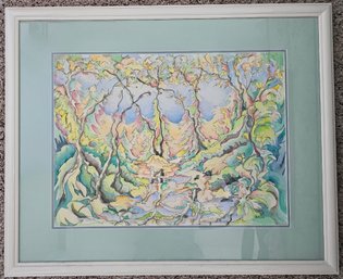 Colorful Abstract Tree Scene Water Color Painting Signed By Breda In White Frame