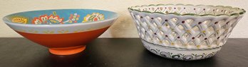 2 Large Colorful Painted Bowls Incl 1 Punched Hand Painted From Portugal & More