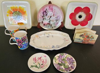 Cute Lot Of Floral Kitchenware Incl Plates, Mugs, Platter & Napkin Holder