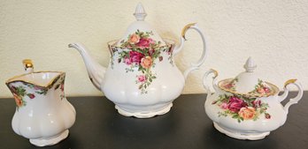 Floral Teapot, Cream & Sugar Set Old Country Roses Design By Royal Albert