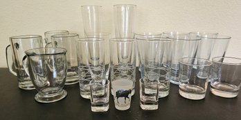 Large Lot Of Miscellaneous Glass Cups Incl Mugs, Shot Glasses, Tall Footed Cups. By Ikea & More