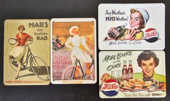 4 Vintage Metal Wall Hanging Plaques Incl Pepsi & Cyclists