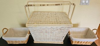 Lot Of 3 Baskets Incl White Wicker Picnic Basket