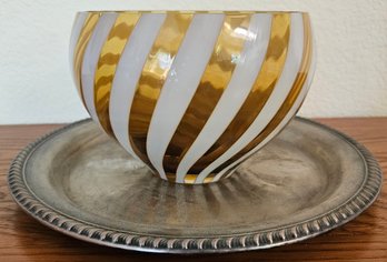 Yellow/white Glass Bowl & Silver Plate Platter By International Silver Company