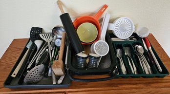 Lot Of Miscellaneous Kitchen Items Incl Flatware, Strainer, Potato Press, Cooking Utensils & More