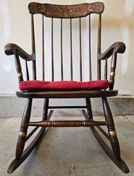 Wooden Rocking Chair With Dark Finish, Harvest Theme Embellishments & Red Pad By L Hitchcocks Ville