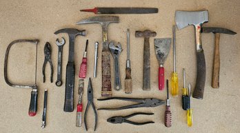 Lot Of Misc Tools Incl Axe, Rock Pick, Hammers, Chisel & Much More