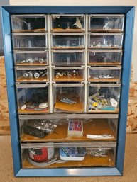 Metal Storage Organizer With Various Size Drawers & Blue Metal Exterior