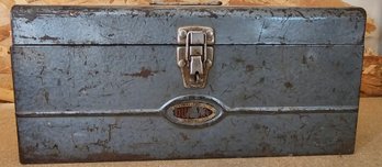 Metal Tool Box Filled With Tools & Hardware Incl Crescent Wrenches, Screwdrivers & More