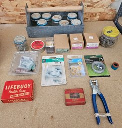 Misc Lot Of Hardware Incl Wood Screws, Nails, Metal Tool Box With Empty Gerber Jars & More