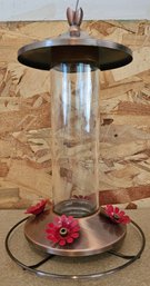 Hummingbird Feeder With Brushed Copper-tone Metal Base, Red Flowers & Glass Chamber