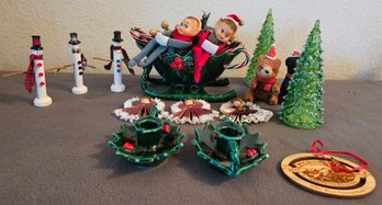 Lot Of Christmas Decor Incl Lefton Ceramic Sleigh With Votives, Elves, Trees & More