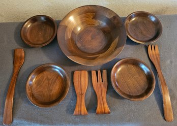 Wooden Salad Bowl Set With 4 Small Bowls & Serving Utensils