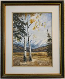 Aspen & Pine Tree Watercolor Painting In Wooden Frame With Gold-tone Accents Signed By Mary Weiss