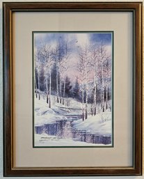 Snowy Aspen Tree & River Scene Print In Wooden Frame Numbered 141/750 Signed By Artist