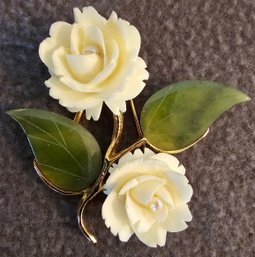 Robinson's California White Rose Broach With Small Pearls & Stone Leaves