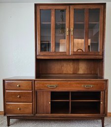 Vintage 1964 Wooden Hutch With Roll-in Style Cabinet Doors, Top Hutch With Glass Panel Doors & Brass Handles