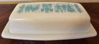 Vintage Pyrex Butter Dish With Blue Harvest Theme Design