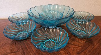 Blue Swirl Glass Salad Bowl & 6 Small Bowls