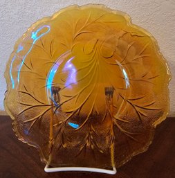 Orange Opalescent Glass Plate With Leaf Design