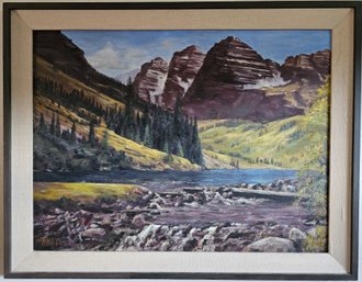 Mountain Scene Oil Painting In Wooden Frame Signed By Artist