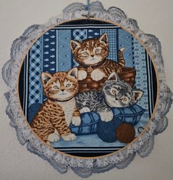 3 Kitten Fabric Wall Decor In Wooden Ring With Blue & White Lace Trim