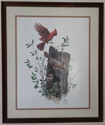 Red Cardinal Print Signed By Artist In Wooden Frame