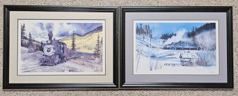 2 Prints In Blue Wooden Frames Incl Snowy Train & 20 Rio Grande Train Scenes