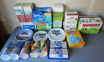 Large Lot Of Kitchen Essentials Incl Swifter Pads, Solo Cups, Kleenex, Napkins & Much More