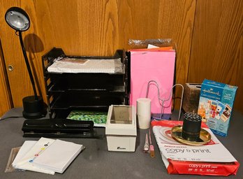 An Assortment Of Office Supplies Incl. Vintage Cork Swivel Caddy, Paper, 3 Hole Punch, Letter Opener And More