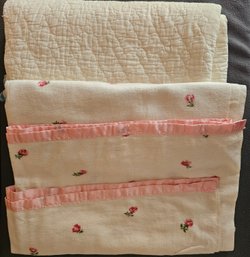 Cute Cotton White With Pink Flowers With Pink Satin Edging With A Celacloud White Blanket