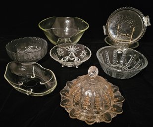An Assortment Of Vintage Mostly Clear Cut Glass Bowls With Small Cake Pan And Tray